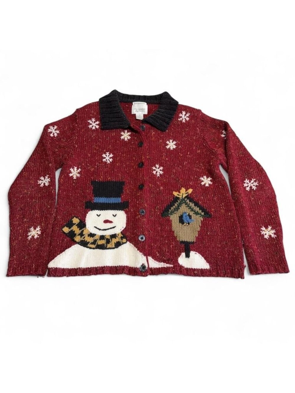 90’s Christopher & Banks Whimsical Snowman Chunky Cardigan Sweater Womens Medium